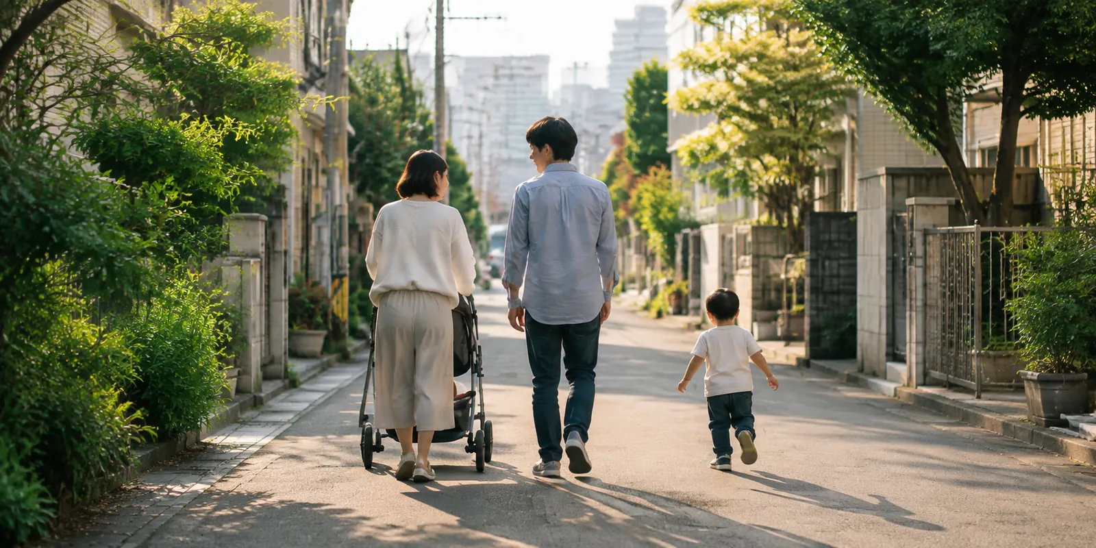 緑のある住宅街を、ベビーカーと一緒に歩く家族のイメージ